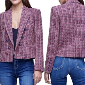 L'agence Brook Double Breasted Tweed Crop Blazer In Purple Pink Multi Size 10